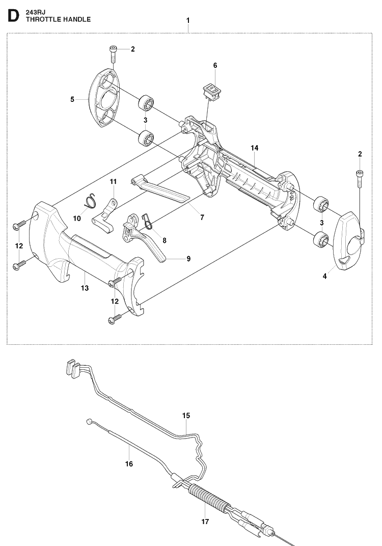Handle And Controls Diagram and Parts List for 243RJ 20090900001-20113200000 Husqvarna Brush Cutter
