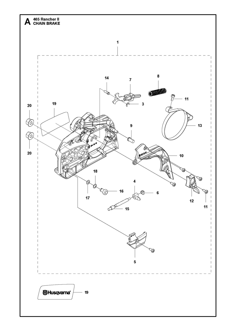 Chain Brake Diagram and Parts List for 465RANCHER  Husqvarna Chainsaw