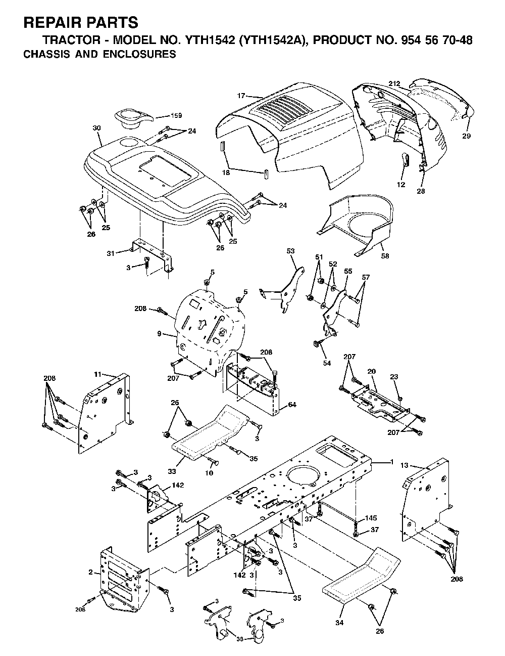 Chassis And Enclosures Diagram and Parts List for YTH1542A (954567048)(2000-11) Husqvarna Lawn Tractor