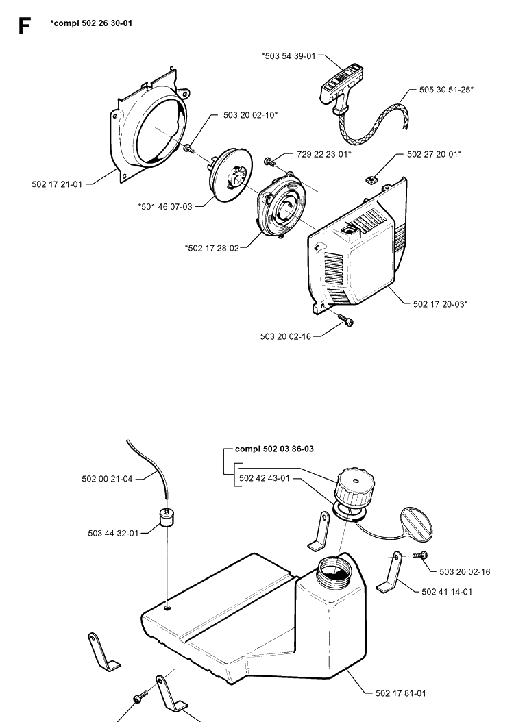 Starter Diagram and Parts List for 250PS 19960500001-19984000000 Husqvarna Pole Saw