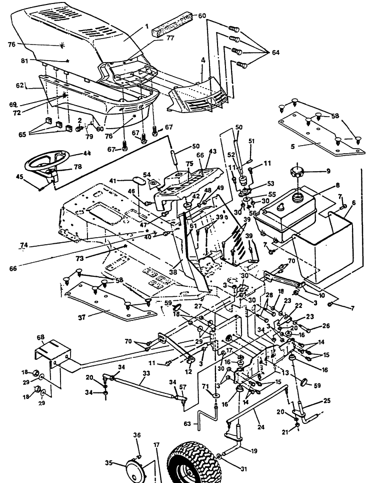 Front End/Hood Diagram and Parts List for 4140H 1991-01 Husqvarna Lawn Mower