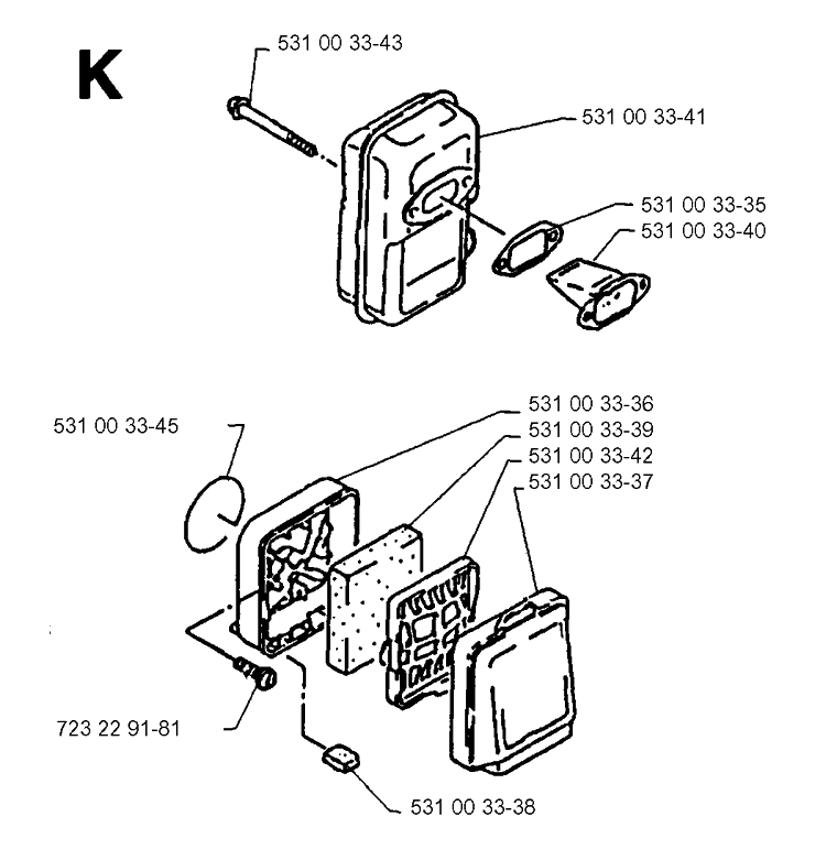 Muffler Diagram and Parts List for 140B 19952700001-19960900000 Husqvarna Leaf Blower / Vacuum
