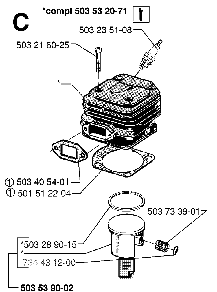 Cylinder Piston Diagram and Parts List for 61 19970100001-19993100000 Husqvarna Chainsaw