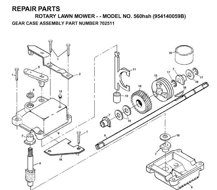 Gear Case Diagram and Parts List for 560HSH (954140059B)(1998-10) Husqvarna Lawn Mower
