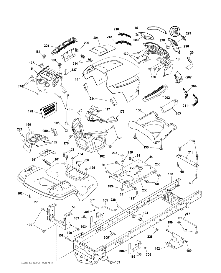 Chassis And Enclosures Diagram and Parts List for YTH150 (96041002204)(2010-01) Husqvarna Lawn Tractor