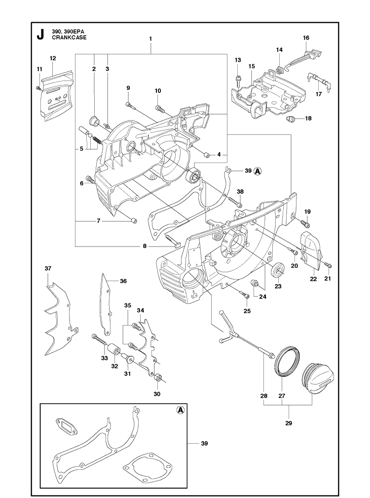 Crankcase Diagram and Parts List for 390 2013-09 Husqvarna Chainsaw