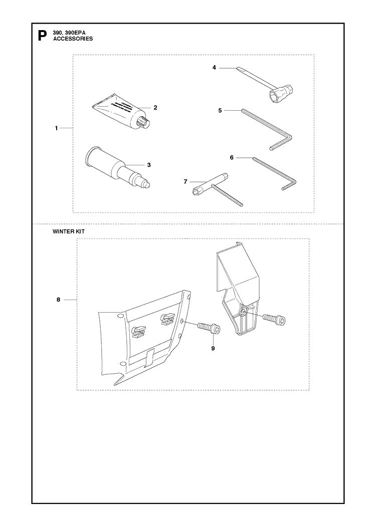 Accessories Diagram and Parts List for 390 2013-09 Husqvarna Chainsaw