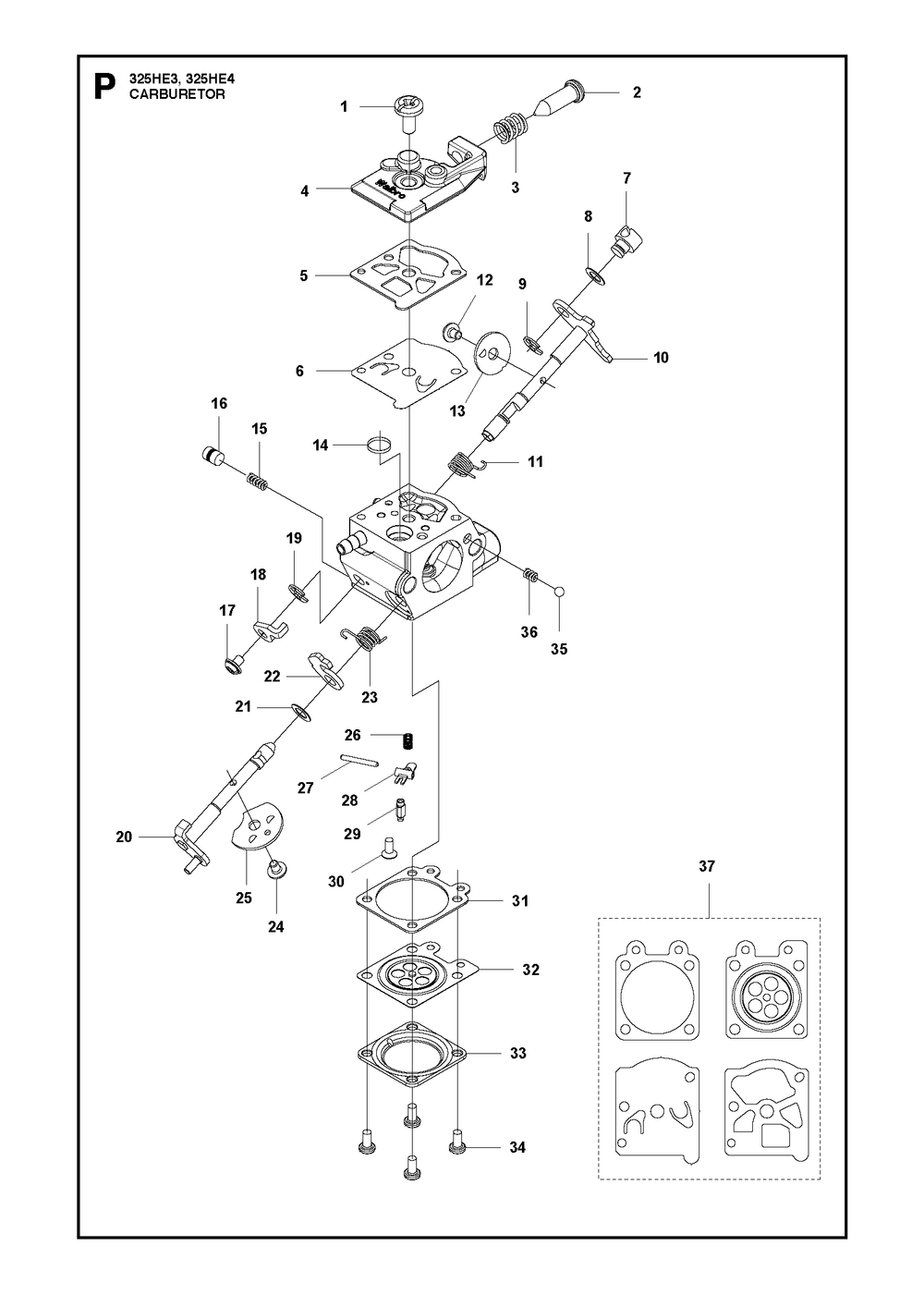 Carburetor Diagram and Parts List for 325HE3 (966787601)(20150100001-current) Husqvarna Hedge Trimmer