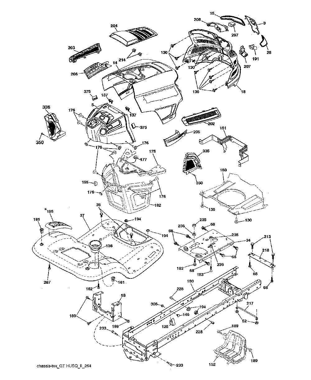 Chassis Diagram and Parts List for YTH24V54-96043025900  Husqvarna Lawn Tractor
