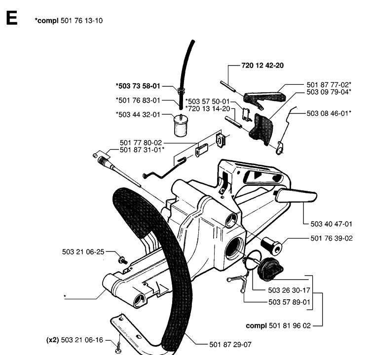 Fuel Tank And Handle Diagram and Parts List for 55 (RANCHER)(19983100001-20001900000) Husqvarna Chainsaw