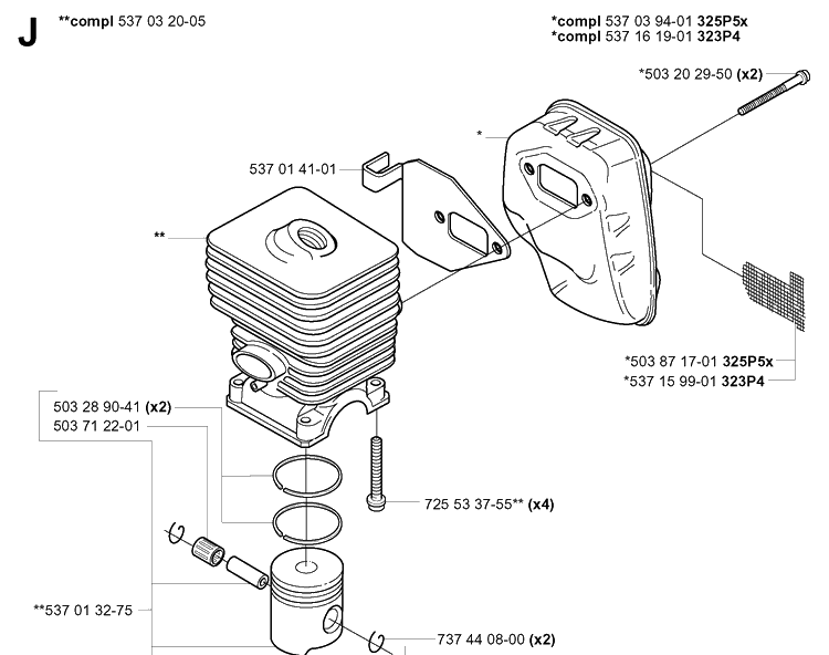 Cylinder, Piston And Muffler Diagram and Parts List for 325P 20042300001-20062999999 Husqvarna Pole Saw