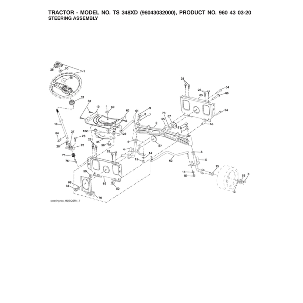 Steering Assy Diagram and Parts List for 96043032000  Husqvarna Lawn Tractor