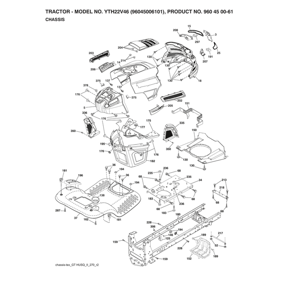 Chassis Diagram and Parts List for 96045006101  Husqvarna Lawn Tractor