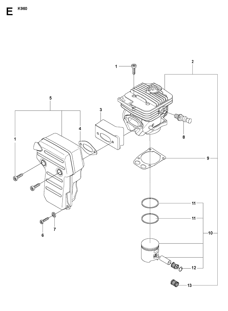 Cylinder, Piston And Muffler Diagram and Parts List for K960 2007-10 Husqvarna Lawn Tractor Accessories