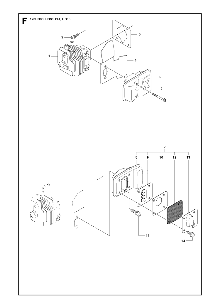 Muffler Diagram and Parts List for 123HD65X 20100600001-Current Husqvarna Hedge Trimmer