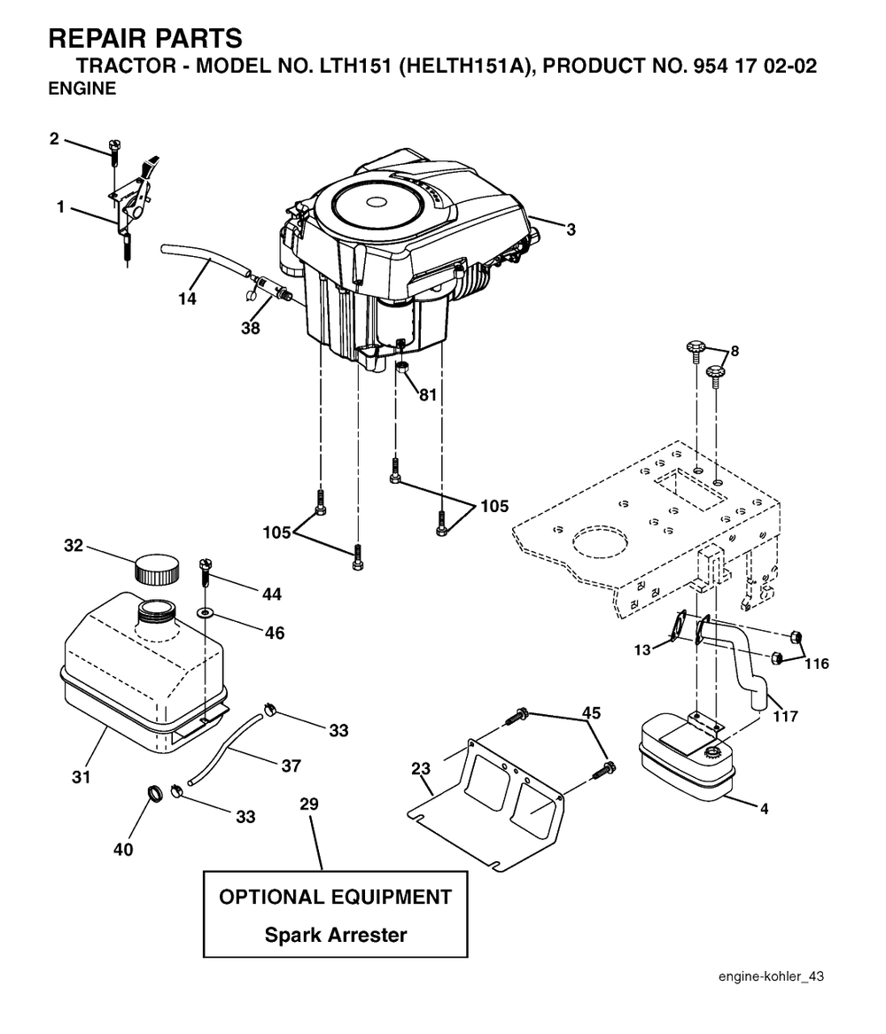 Engine Diagram and Parts List for LTH151 (954170202-A)(2004-01) Husqvarna Lawn Tractor