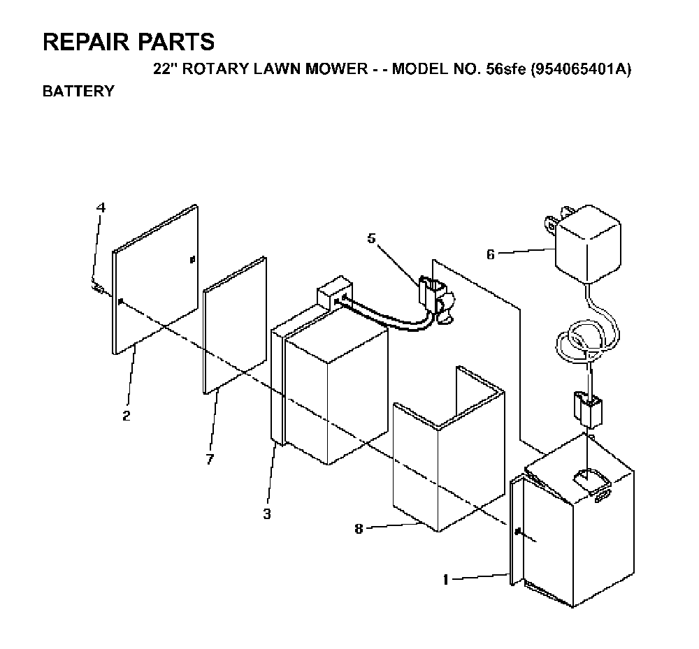 Battery Diagram and Parts List for 56SFE (954065401A)(1994-01) Husqvarna Lawn Mower
