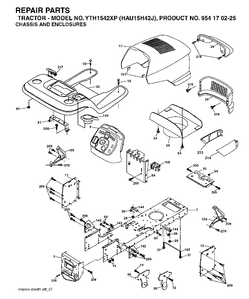 Chassis And Enclosures Diagram and Parts List for YTH1542XP (HAU15H42J, 954170225)(2004-09) Husqvarna Lawn Tractor