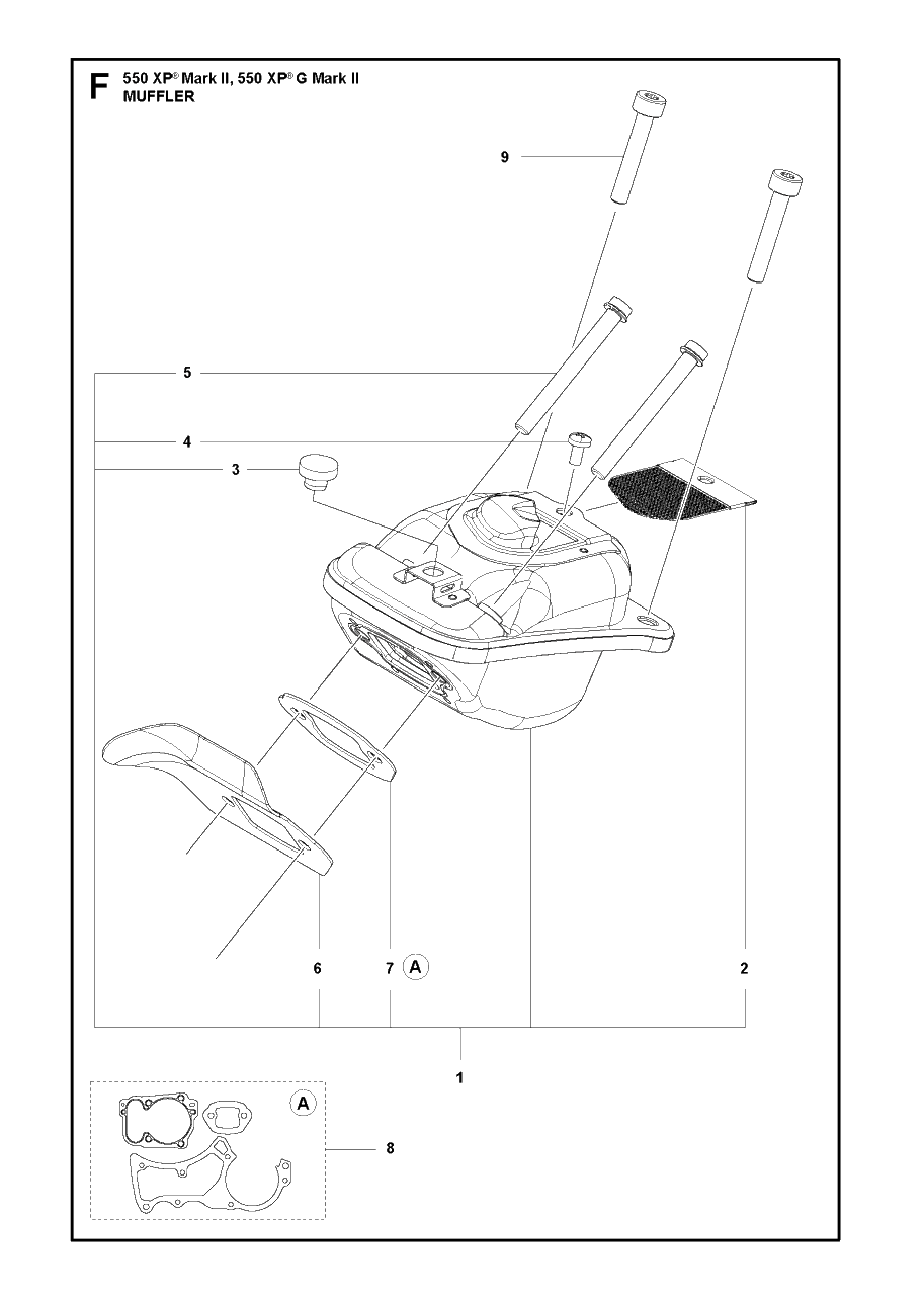 Muffler Diagram and Parts List for 550XP-XPG Mark II Husqvarna Chainsaw