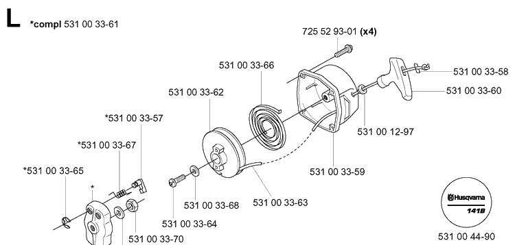 Starter Diagram and Parts List for 141B 20041400001-Current Husqvarna Leaf Blower / Vacuum