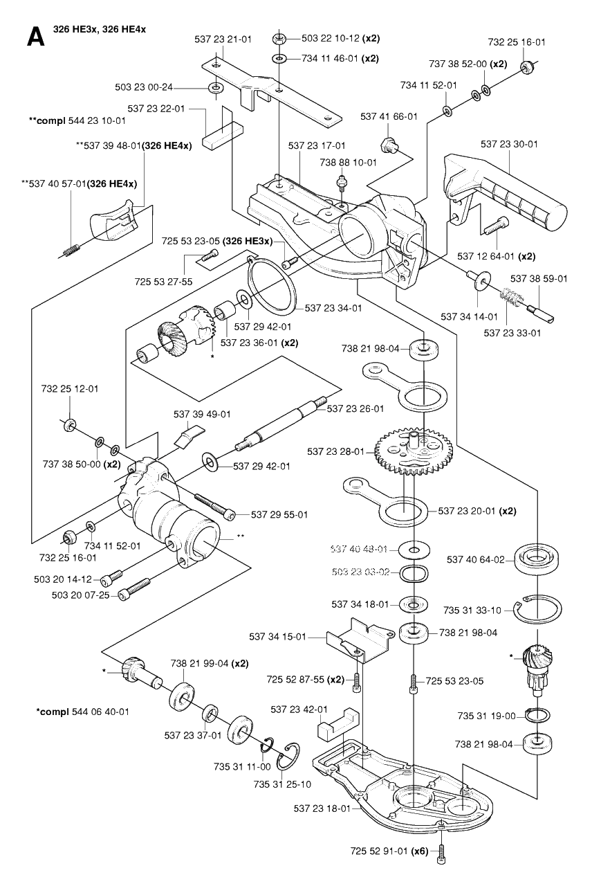 Gear Housing Diagram and Parts List for 326HE4X 20054000001 - 20090900000 Husqvarna Hedge Trimmer