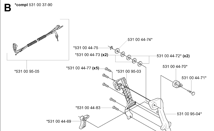 Handle And Controls Diagram and Parts List for 125BT (TH026D-AC57)(20041800001-Current) Husqvarna Leaf Blower / Vacuum