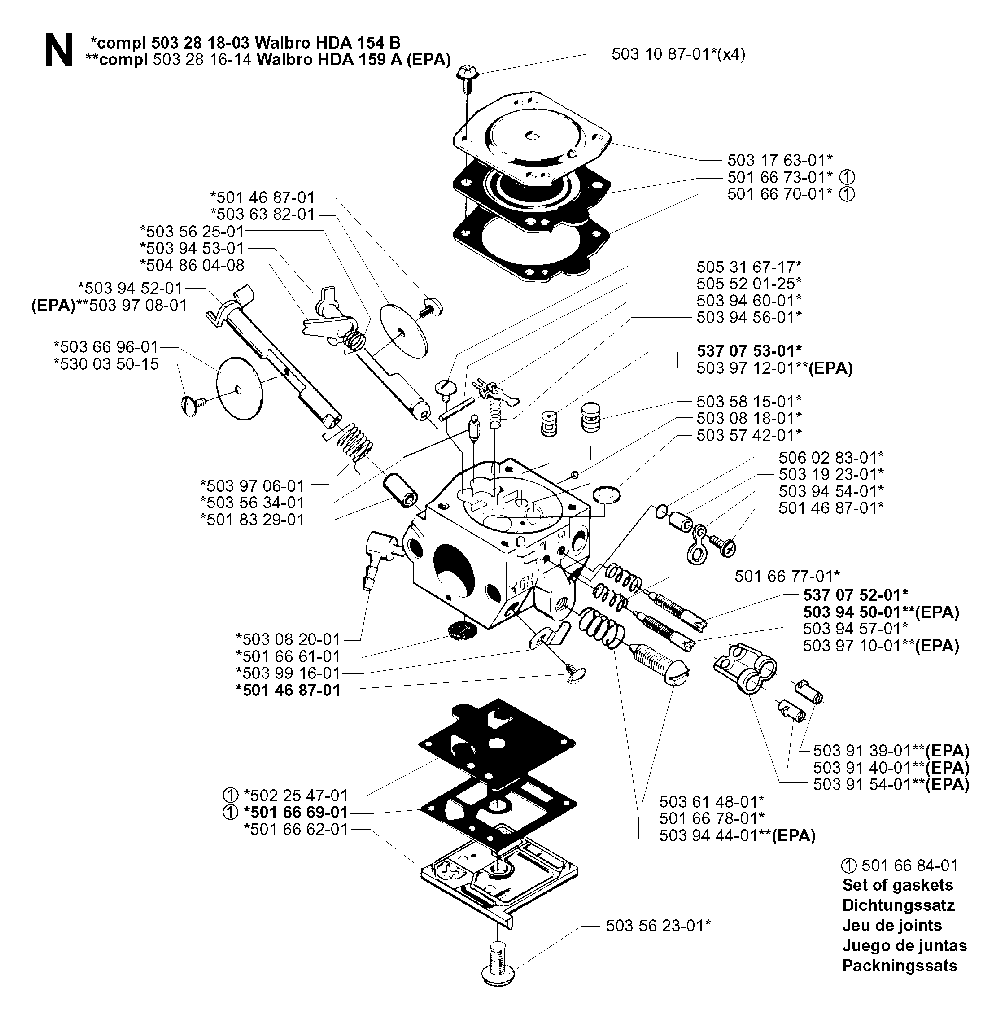 Carburetor Details Diagram and Parts List for 345EPA 19993600001-20013500000 Husqvarna Chainsaw