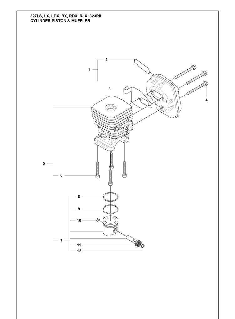 Cylinder Piston And Muffler Diagram and Parts List for 323RII 2009-08 Husqvarna Trimmer