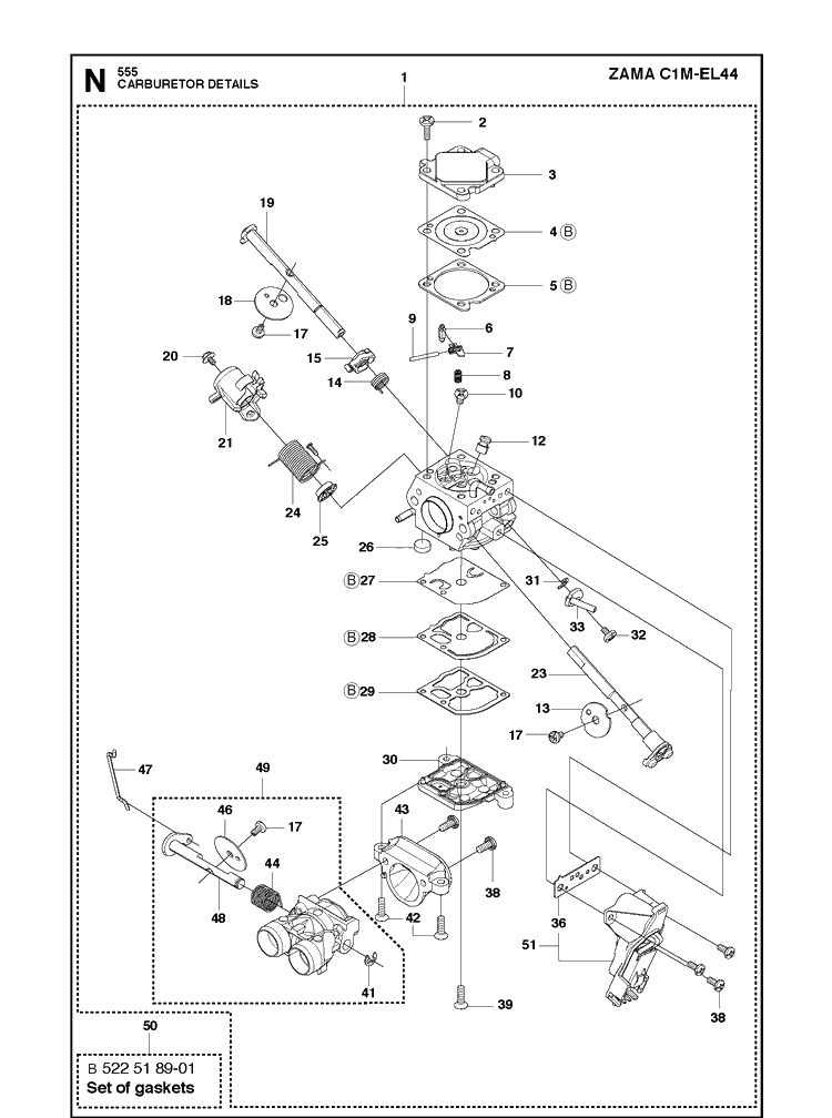 Carburetor Details Diagram and Parts List for 555 2011-03 Husqvarna Chainsaw