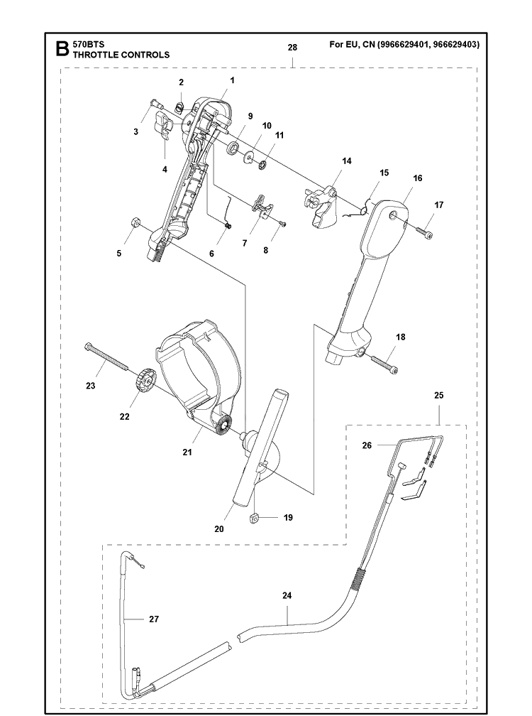 Throttle Controls Diagram and Parts List for 570BTS 220628-20190100001 and up Husqvarna Leaf Blower / Vacuum