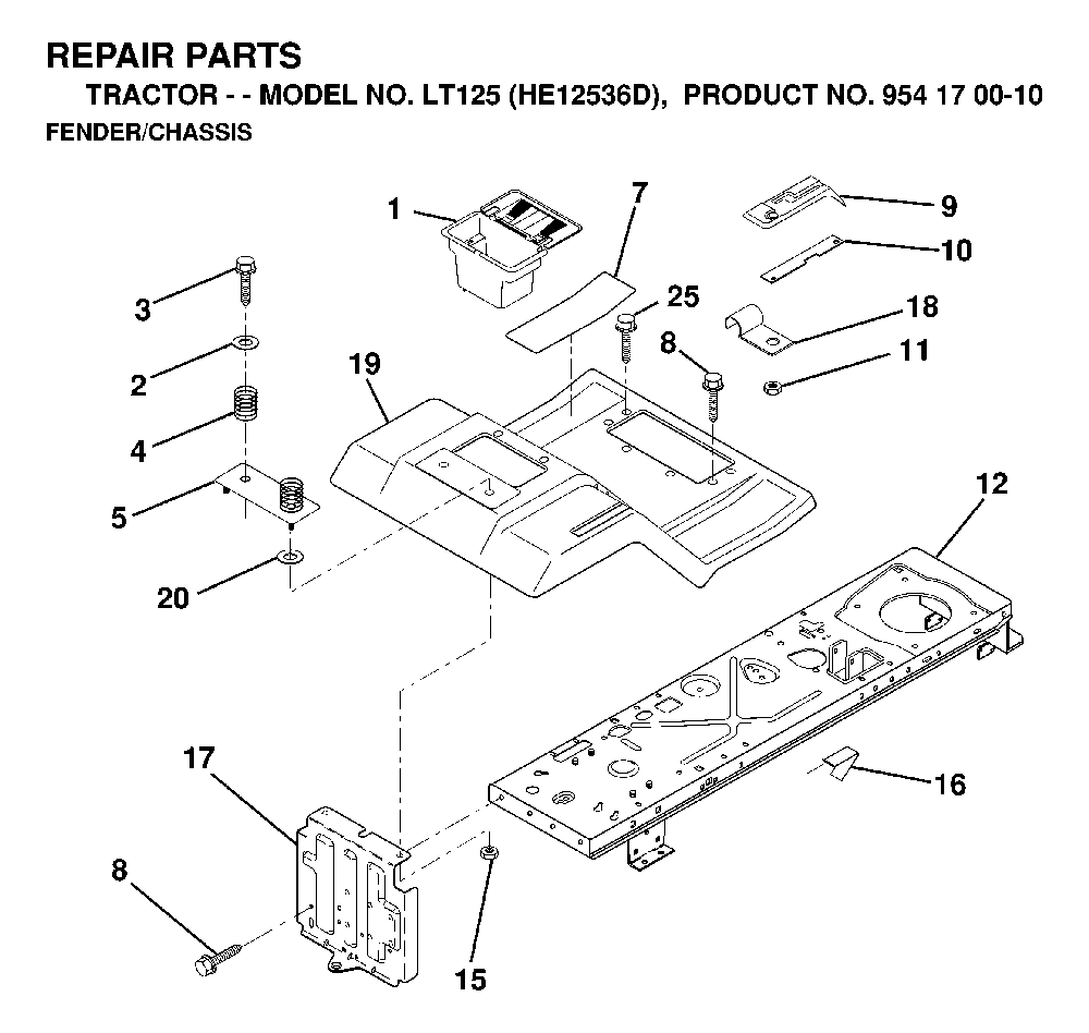 Chassis And Enclosures Diagram and Parts List for LT125 (HE12536D, 954170010)(1998-12) Husqvarna Lawn Tractor