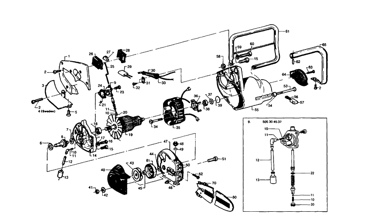 El General Assembly Diagram and Parts List for HUSKYEI 1980-01 Husqvarna Chainsaw