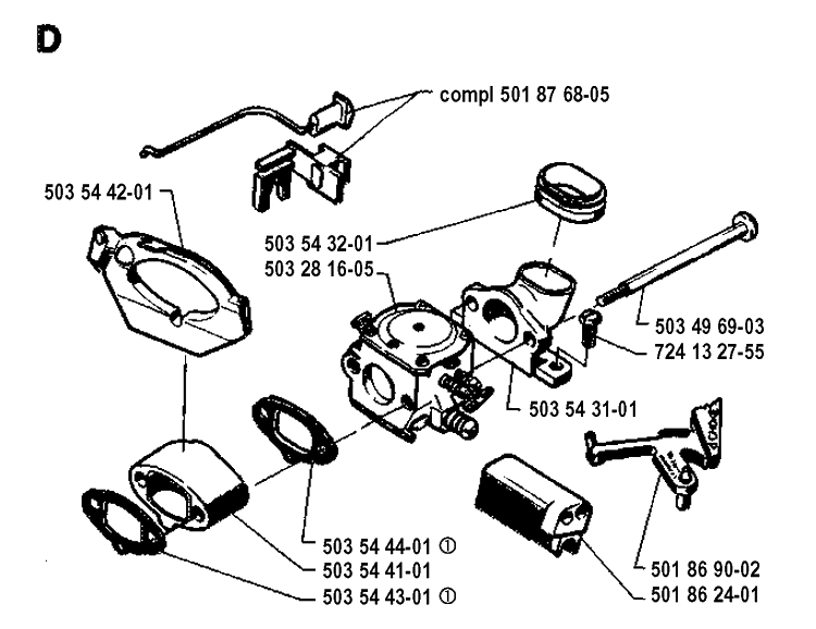 Carburetor Diagram and Parts List for 262XP 19942300001-19960100000 Husqvarna Chainsaw