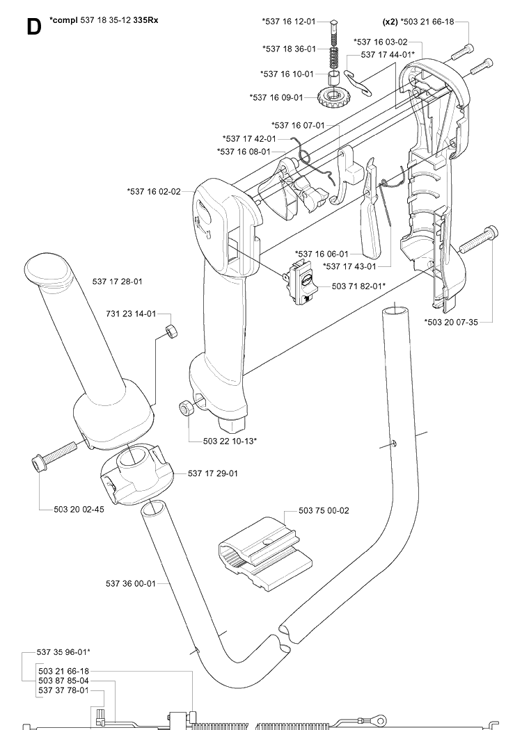 Handle And Controls 2 Diagram and Parts List for 335R  Husqvarna Brush Cutter
