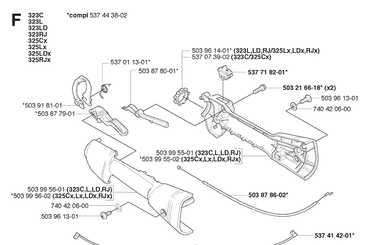 Throttle Controls Diagram and Parts List for 323C 20080900001-Current Husqvarna Edger