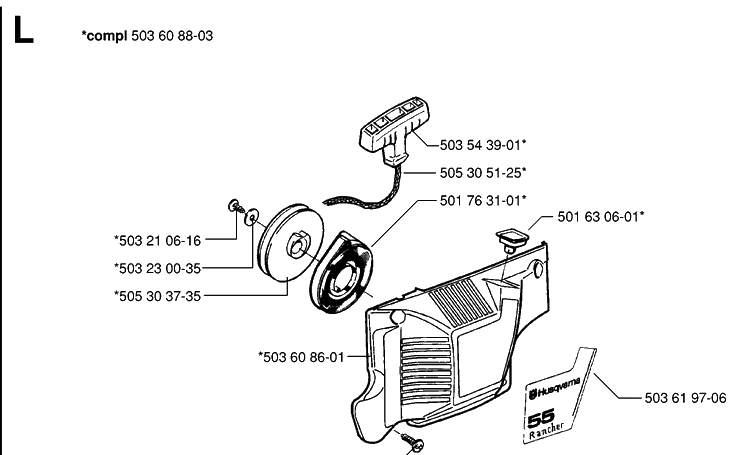 Starter Diagram and Parts List for 55 (RANCHER)(19983100001-20001900000) Husqvarna Chainsaw