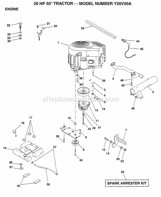 20 Hp 50" Engine Diagram and Parts List for Y20V50A 1994 Husqvarna Lawn Tractor