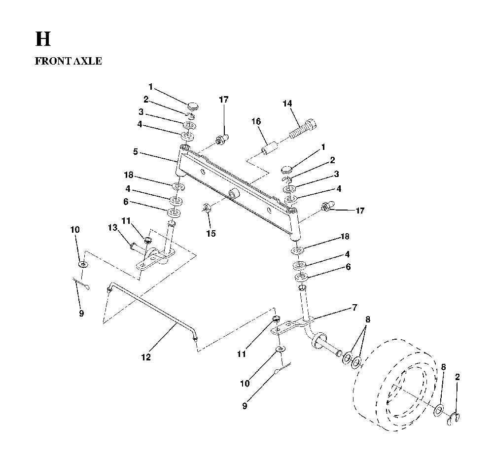 Front Axle Diagram and Parts List for LTH130 (HE13H36D, 954820001)(1997-03) Husqvarna Lawn Tractor