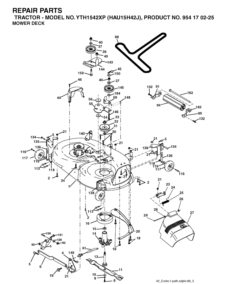 Mower Deck / Cutting Deck Diagram and Parts List for YTH1542XP (HAU15H42J)(2004-09) Husqvarna Lawn Tractor