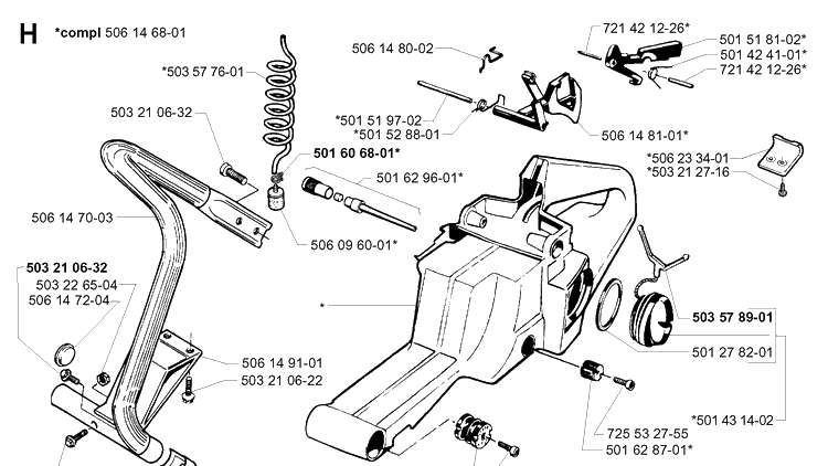 Fuel Tank And Handle Diagram and Parts List for 268K 1999-09 Husqvarna Lawn Tractor Accessories