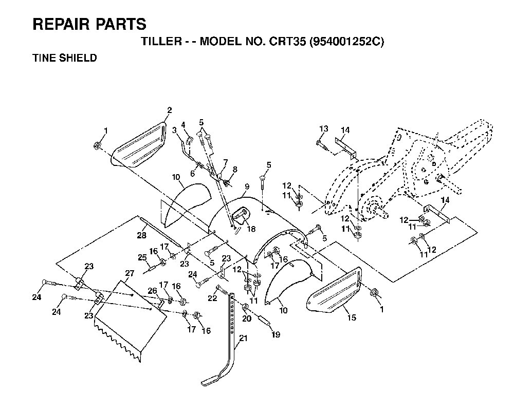 Tine Shield Diagram and Parts List for CRT35 (954001252C)(1995-10) Husqvarna Tiller