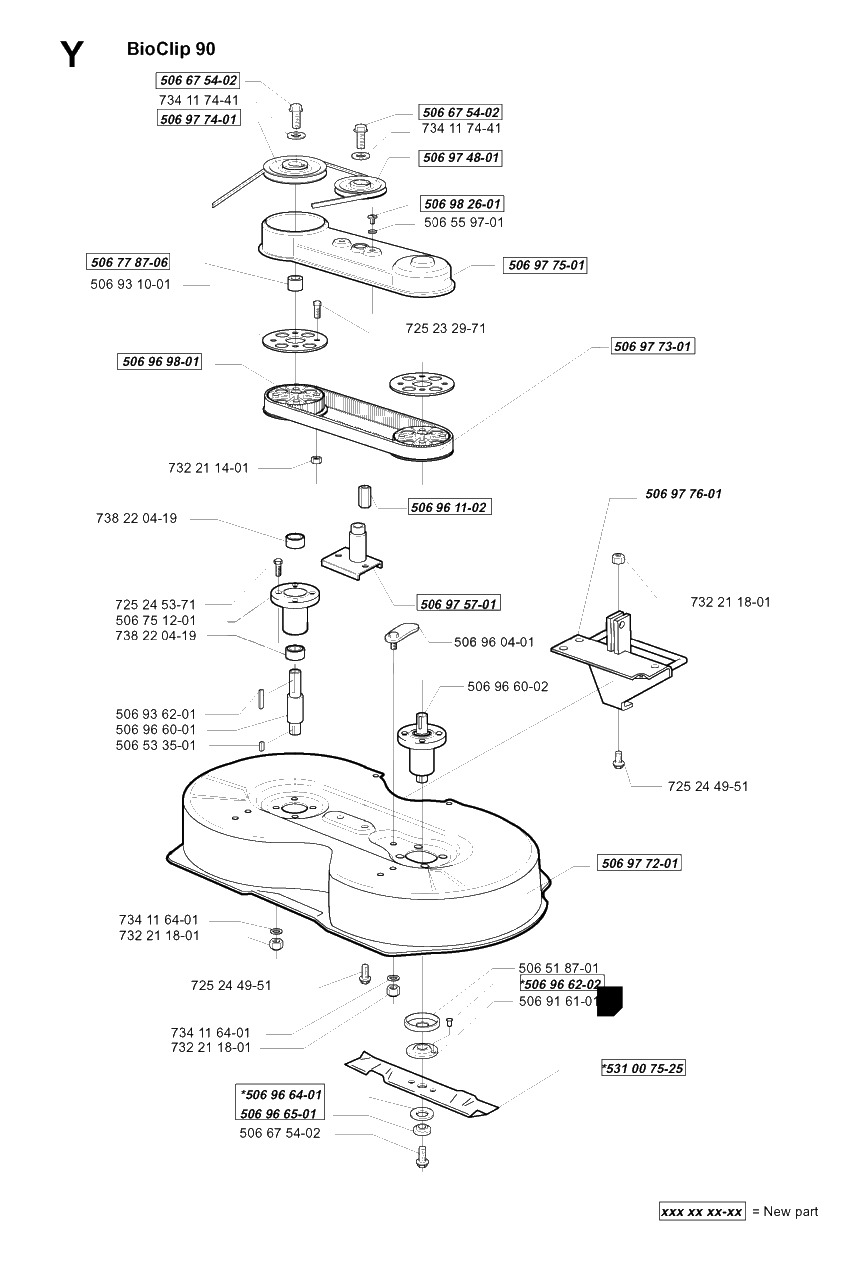 90cm Cutting Deck Diagram and Parts List for R16H 1999-02 Husqvarna Lawn Tractor