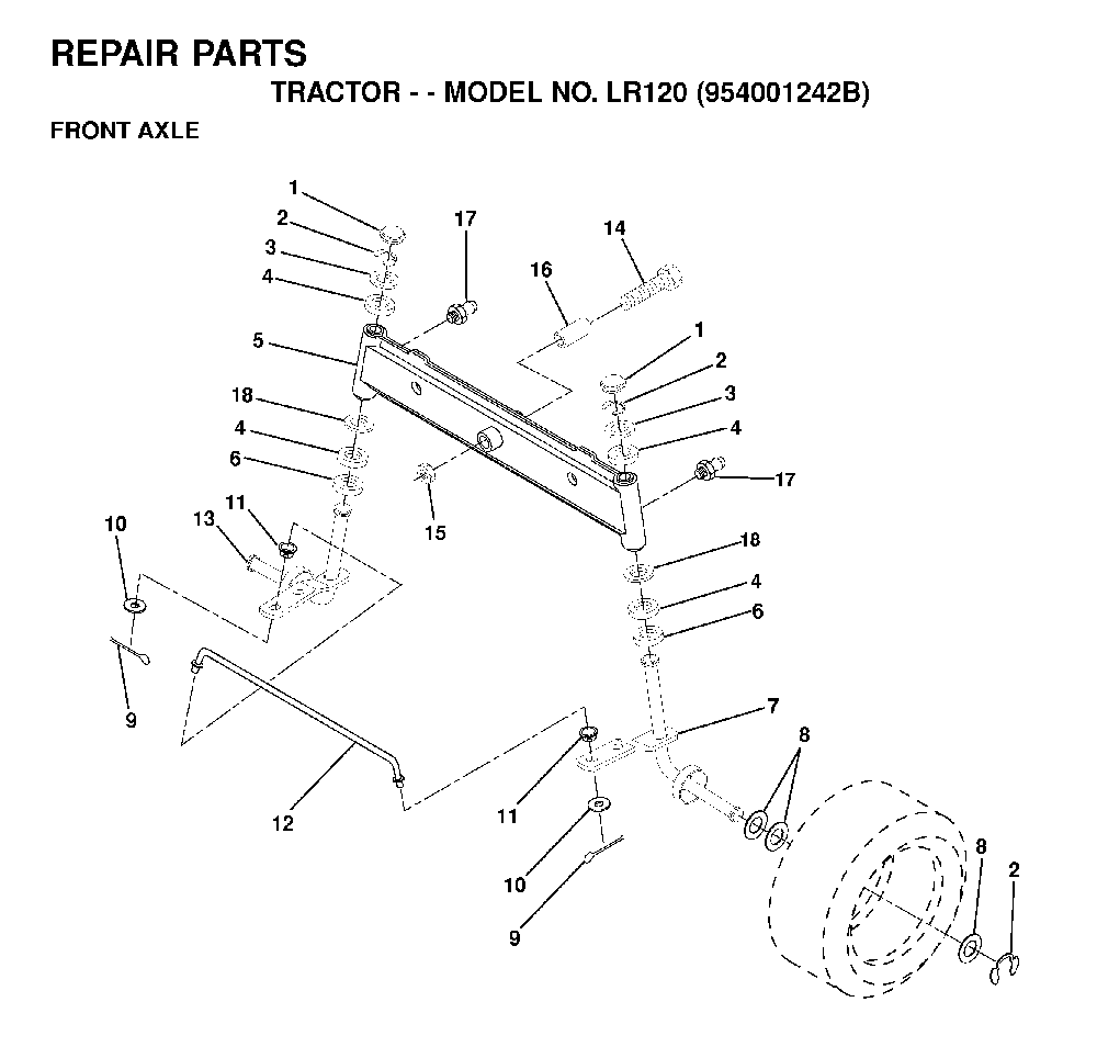 Front Axle Diagram and Parts List for LR120 (954001242B)(1995-02) Husqvarna Lawn Tractor