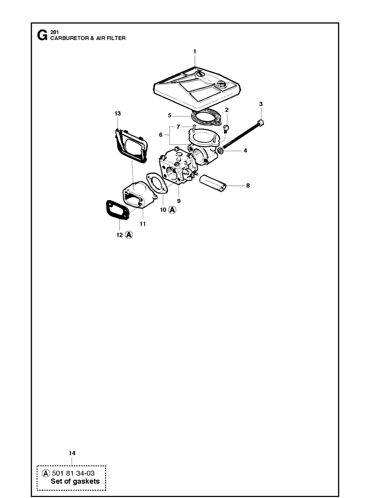 Carburetor And Air Filter Diagram and Parts List for 281XP  Husqvarna Chainsaw