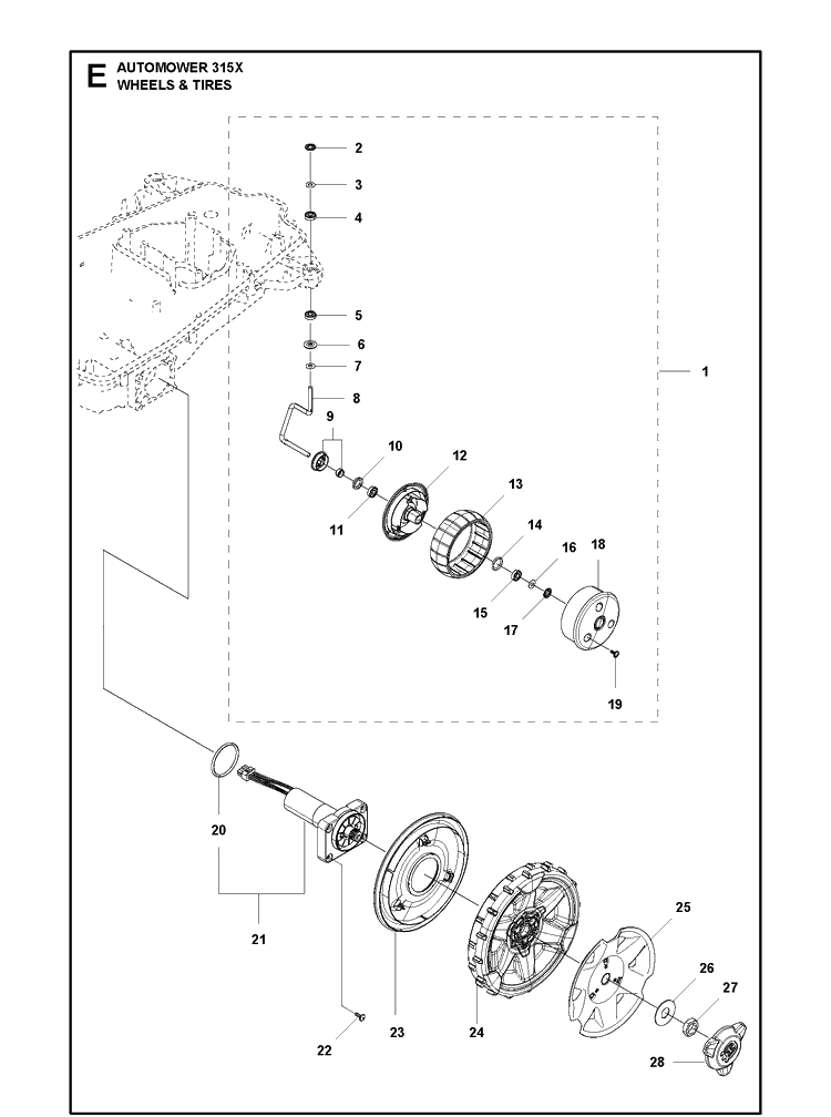 Wheels And Tires Diagram and Parts List for 315X 2019 Husqvarna Lawn Mower