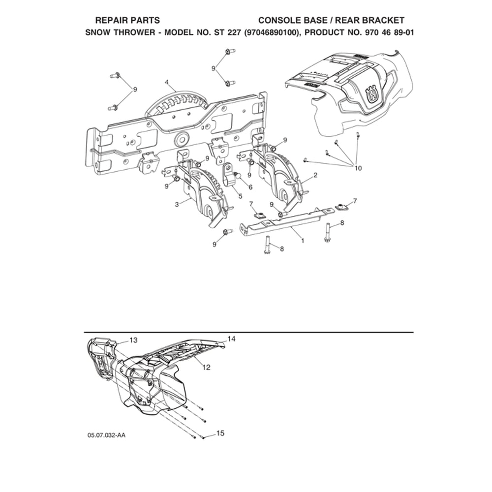 Console Base/Rear Bracket Diagram and Parts List for ST227-970528702  Husqvarna Snow Blower