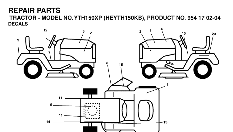 Decals Diagram and Parts List for YTH150XP (HEYTH150KB)(2004-01) Husqvarna Lawn Tractor