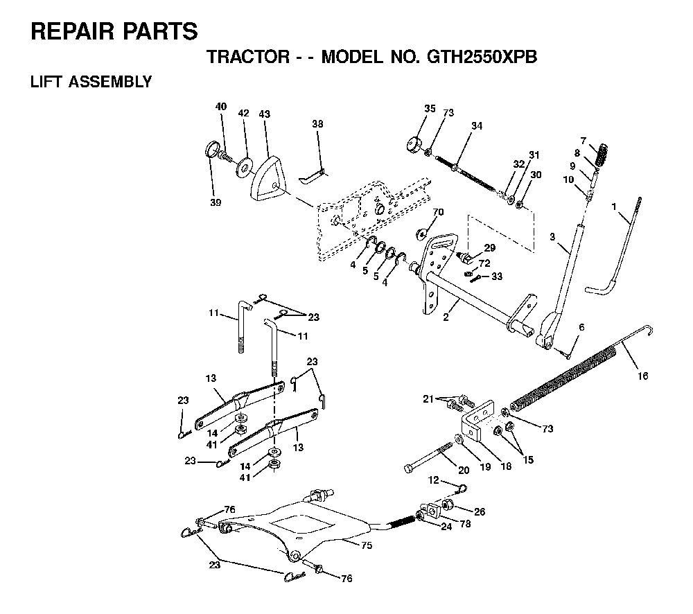 Mower Lift / Deck Lift Diagram and Parts List for GTH2550XPB (954567116)(2001-02) Husqvarna Lawn Tractor
