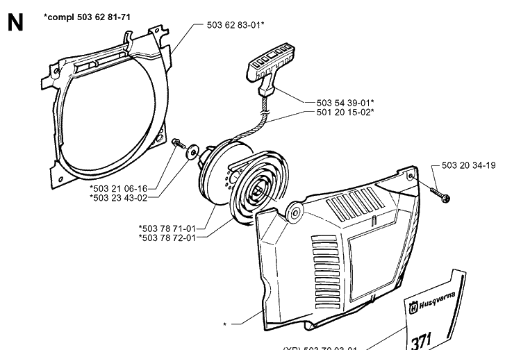 Starter Diagram and Parts List for 371XP 19960900001-19963500000 Husqvarna Chainsaw
