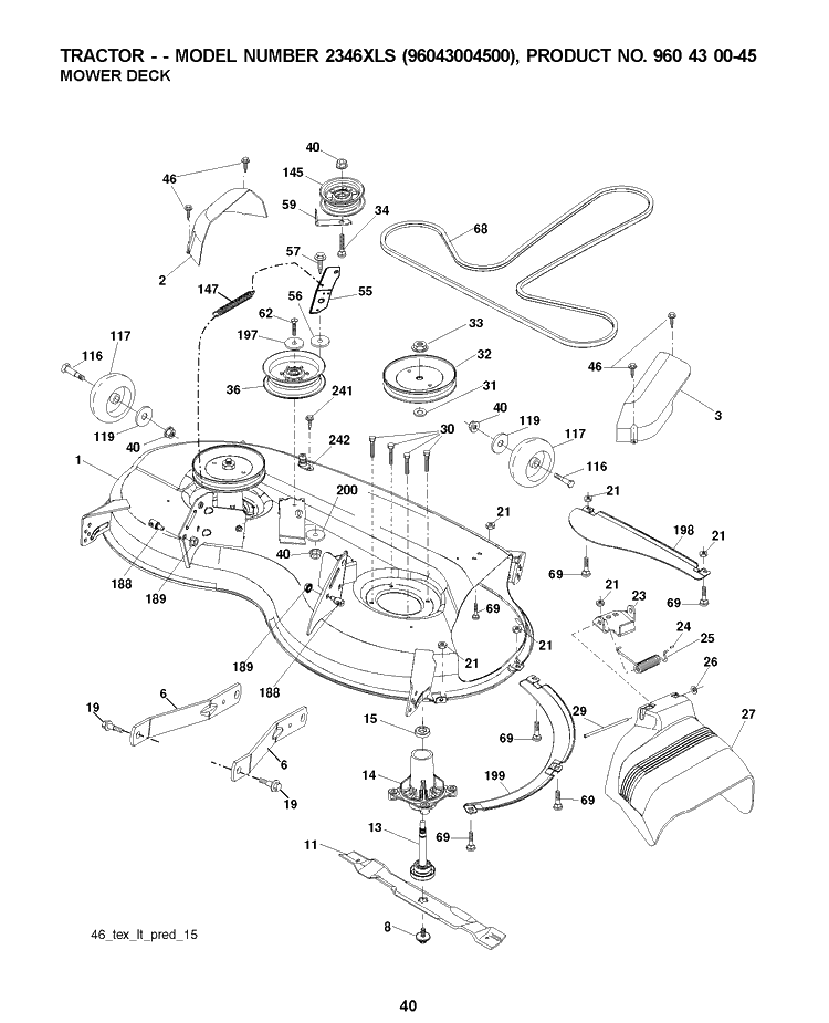 Mower Deck / Cutting Deck Diagram and Parts List for 2346XLS (96043004500)(2007-12) Husqvarna Lawn Tractor